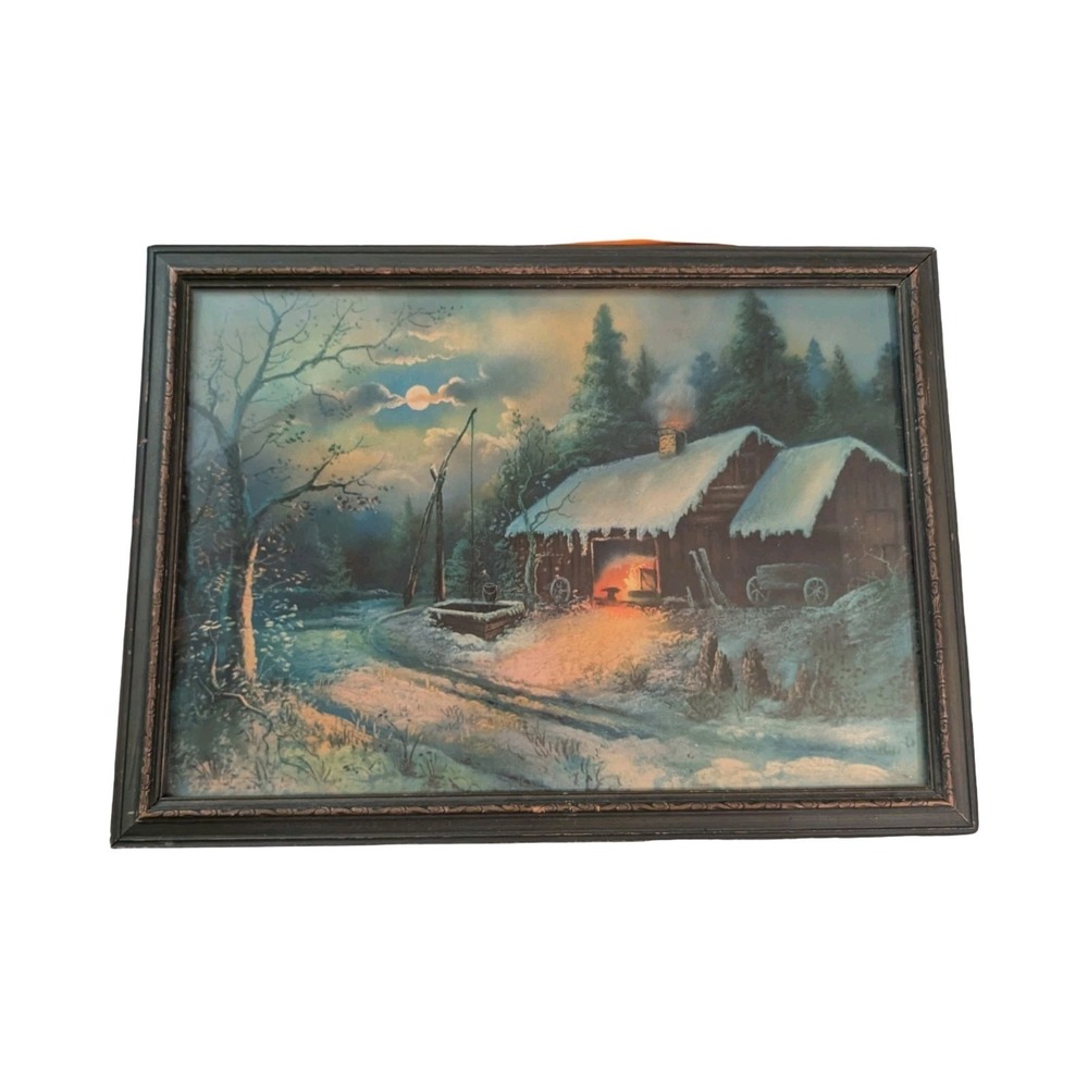 Vintage Framed Winter Cabin Landscape Print Ornate Wood Frame 22x17